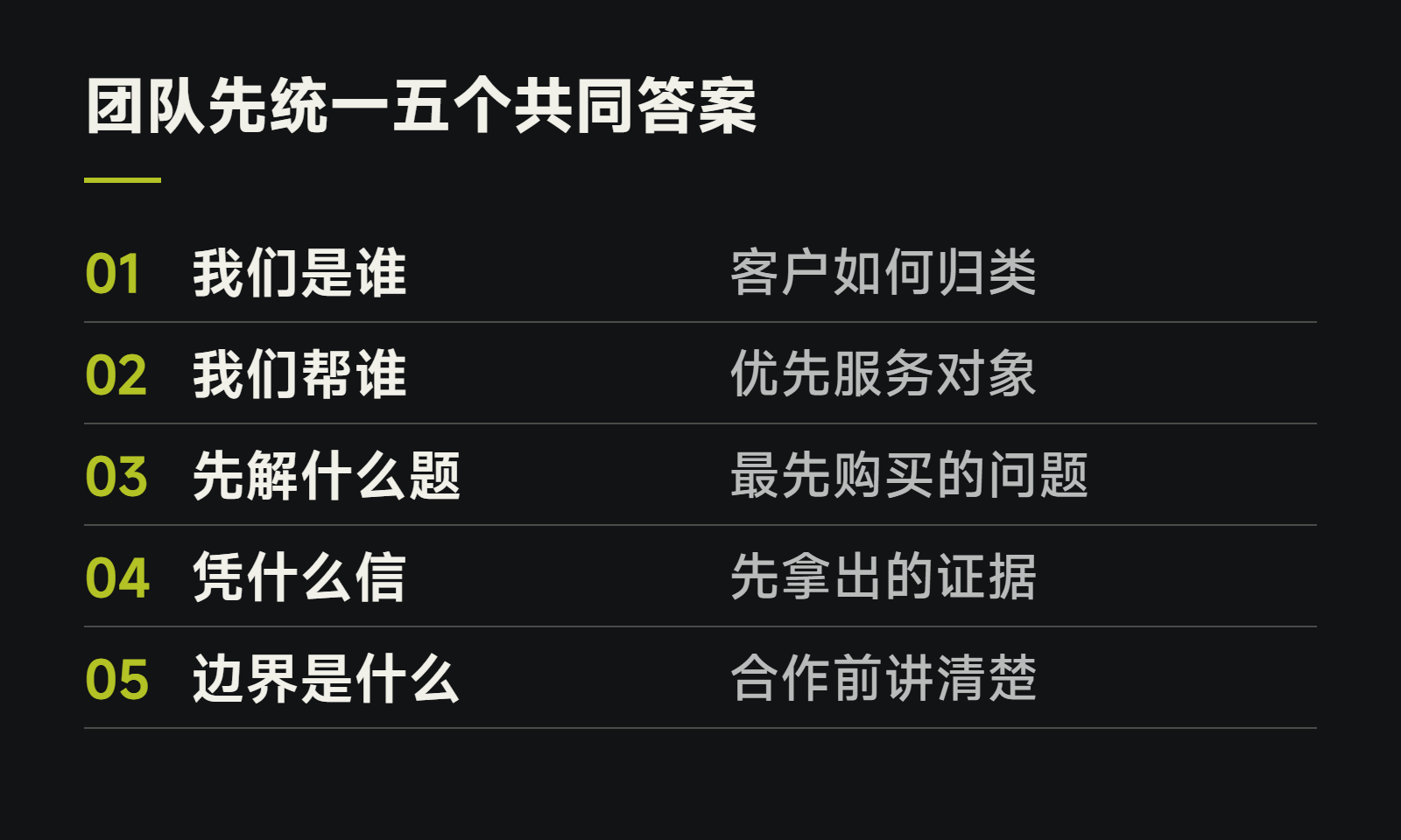 团队先统一五个共同答案